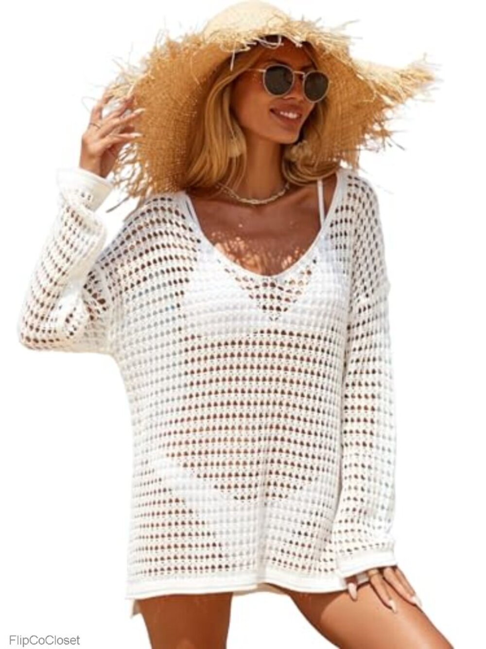 Women's Crochet Swimsuit Cover Up Oversized Beachwear Shirt